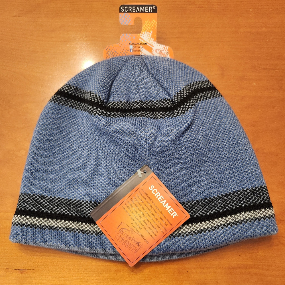 Screamer Blue Knit Acrylic Beanie Hat Striped Lined Ski Snowboard Winter Hat NEW
